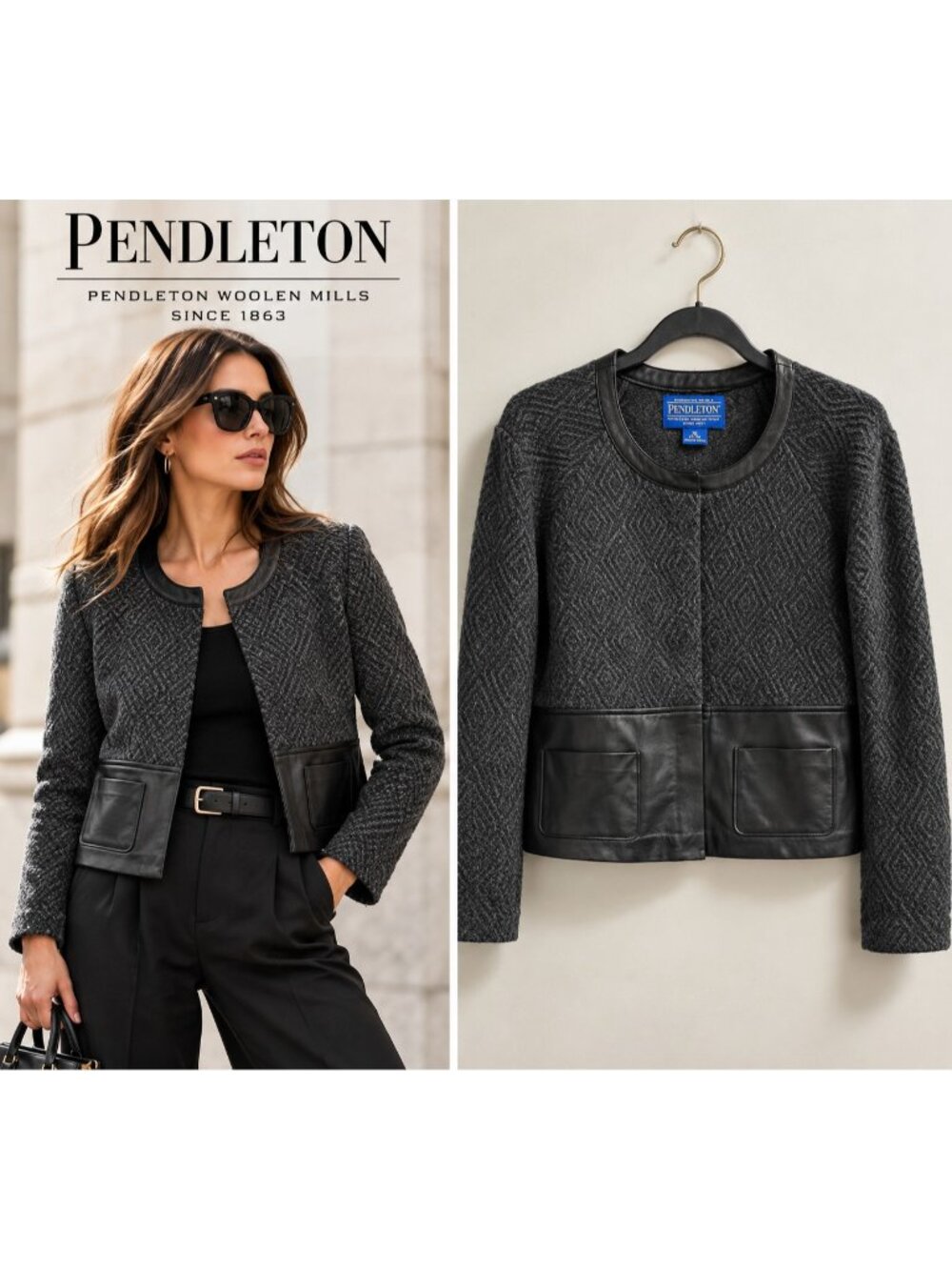 Pendleton XL Petite Lambswool Wool Leather Trim Jacket Gray Black Quiet Luxury